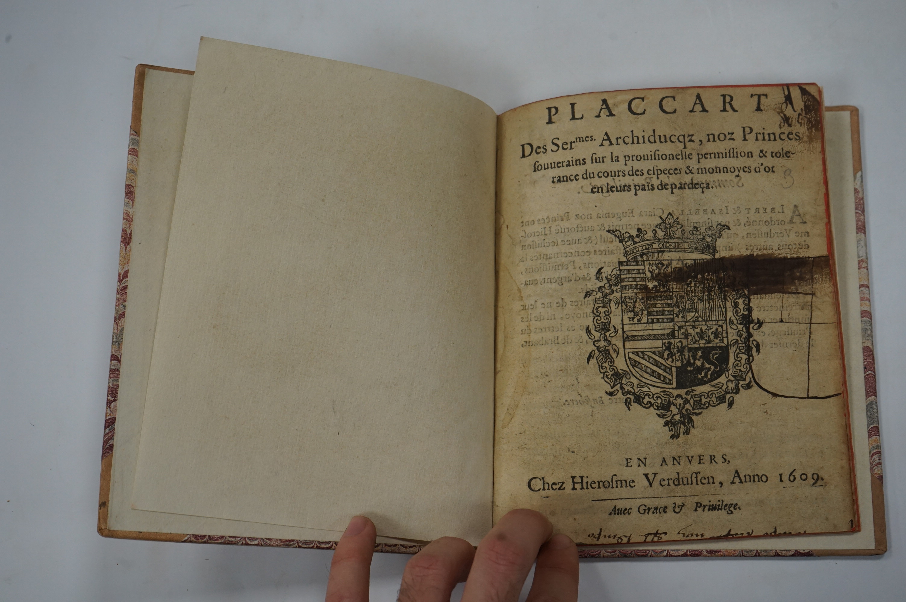 Placcart du Sermes Archiducqz, noz Princes souverains, sur la provisionelle permission, & tolerance du cours des especes & monnoyes d'or en leurs païs de pardeça, Hierosme Verdussen, 1609, later quarter calf with marbled